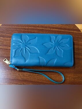 Teal Floral Embossed Zip-Around Wristlet Wallet
